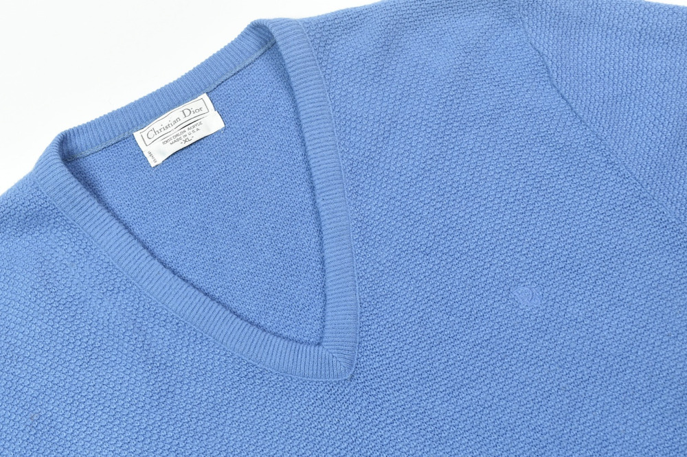 Vintage Christian Dior Sweater Mens XL Blue Orlon Acrylic V-Neck Long Sleeve